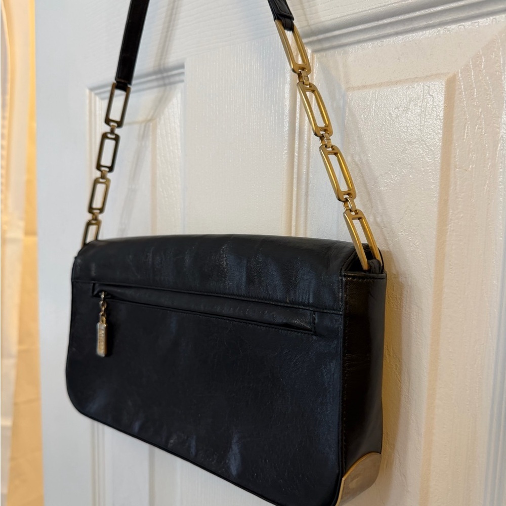Stuart Whitman Vintage Black Leather Shoulder Bag with Gold Chain Strap - Picture 2 of 9